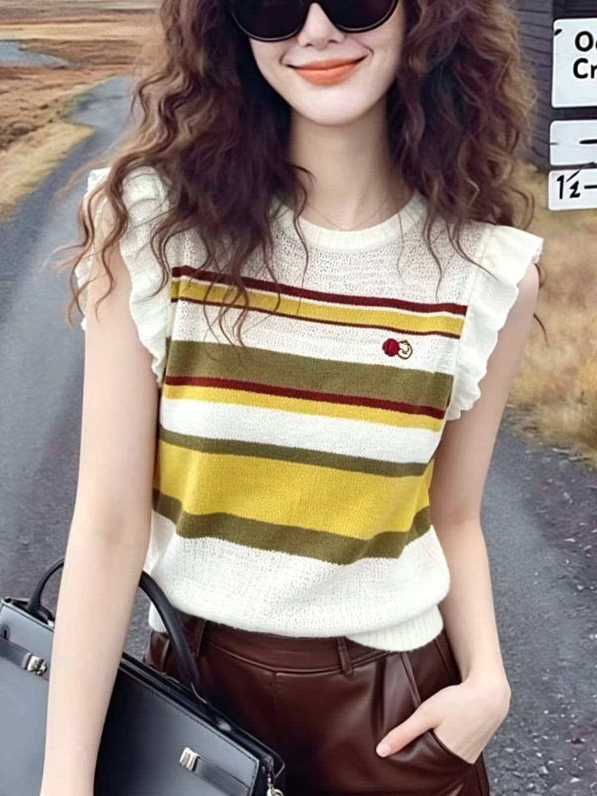 한 부서 바람 연령 감소 품격 자수 작은 날다 소매 니트 조끼 여성 여름 새로운 색상 스트라이프 라운드 넥 맨위 상세 이미지 7