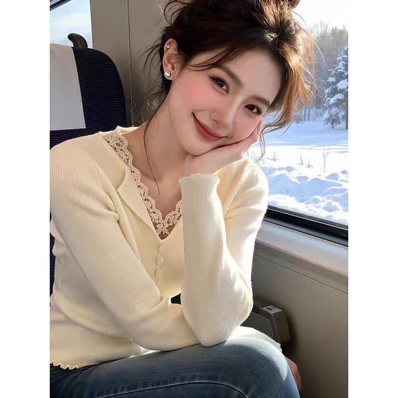 레이스 조각 기본 셔츠 아름다운 허리 수축 맨위 여성 봄 가을 연령 감소 프릴 인사이드 가져 가라. V넥 니트 스웨터 상세 이미지 1
