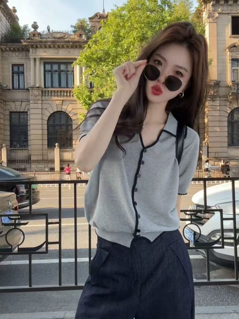 한 부서 POLO 칼라 회색 반팔 얼음 실크 니트 오픈 가디건 여성 자이언트 잘 생긴 ~ 중 여름 고유 한 아름다운 맨위 얇은 스타일 이미지 2