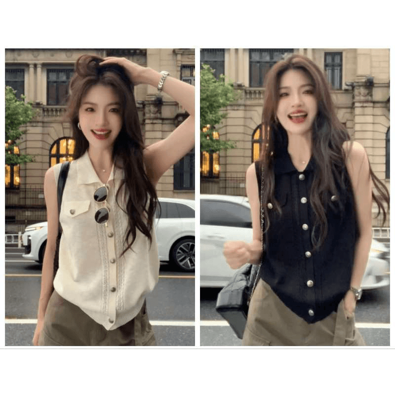 오래된 돈 바람 폴로 칼라 싱글 줄 버튼 민소매 니트 조끼 여성 2026 여름 얇고 가벼운 슬림해 보이는 다용도 베스트 작은 맨위 이미지 5