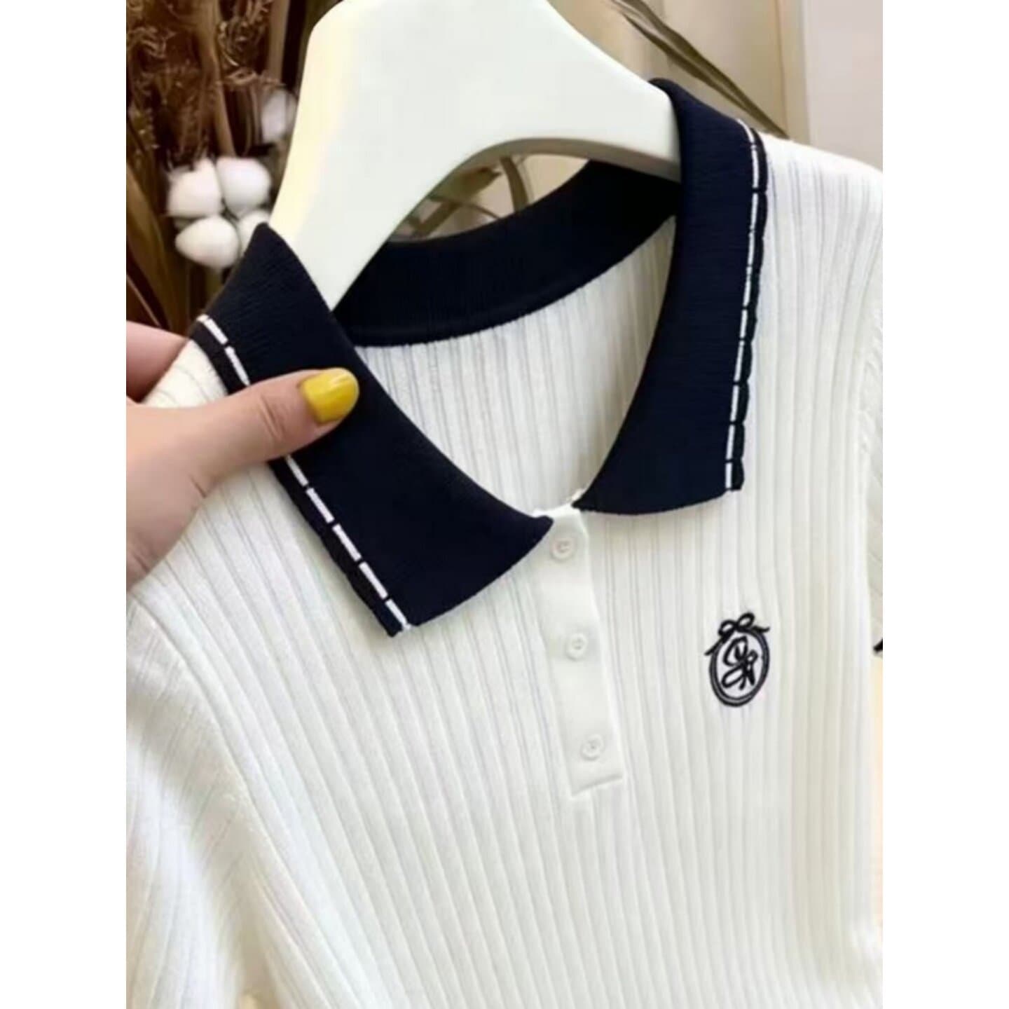 한 부서 학원 스타일 배색 POLO 칼라 니트 스웨터 여성용 짧은 소매 빅 사이즈 슬림해 보이는 다용도 루즈핏 외국 가스 연령 감소 맨위 이미지 2