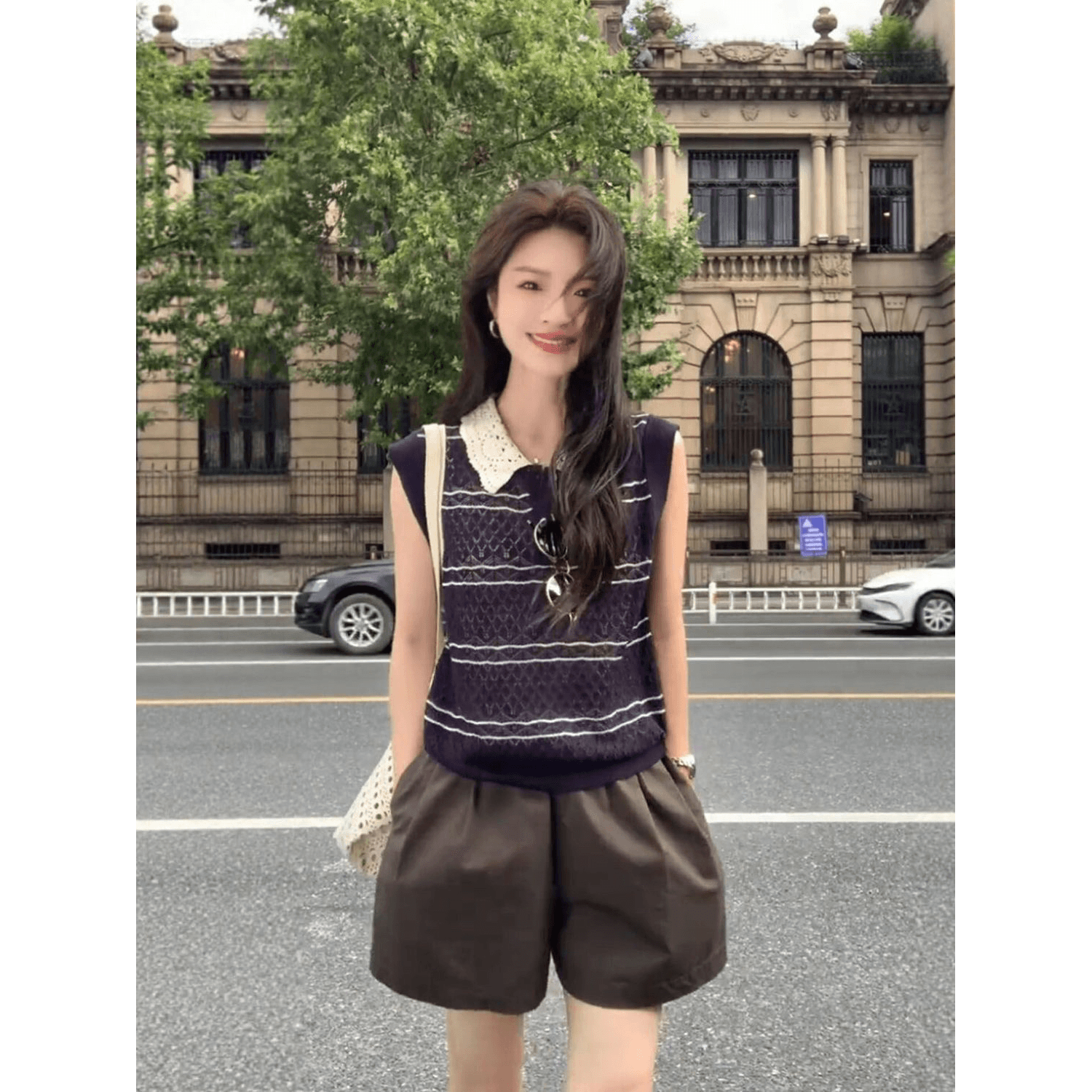 디자인 센스 긍정적 인 어깨 폴로 칼라 스트라이프 민소매 니트 스웨터 여성 여름 연령 감소 슬림해 보이는 차가운 센스 POLO 칼라 조끼 맨위 이미지 5