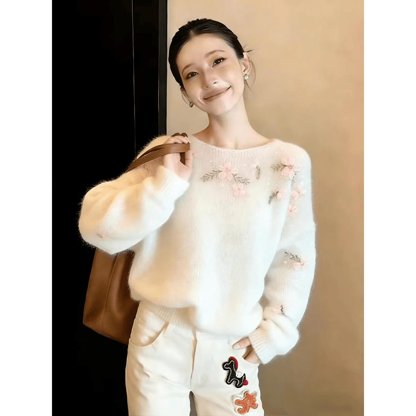 매화 요리 한 포도 나무 꽃 모헤어 양 양모 혼합 부드러운 바람 수공 자수 자수 스웨터 여자 이미지 5