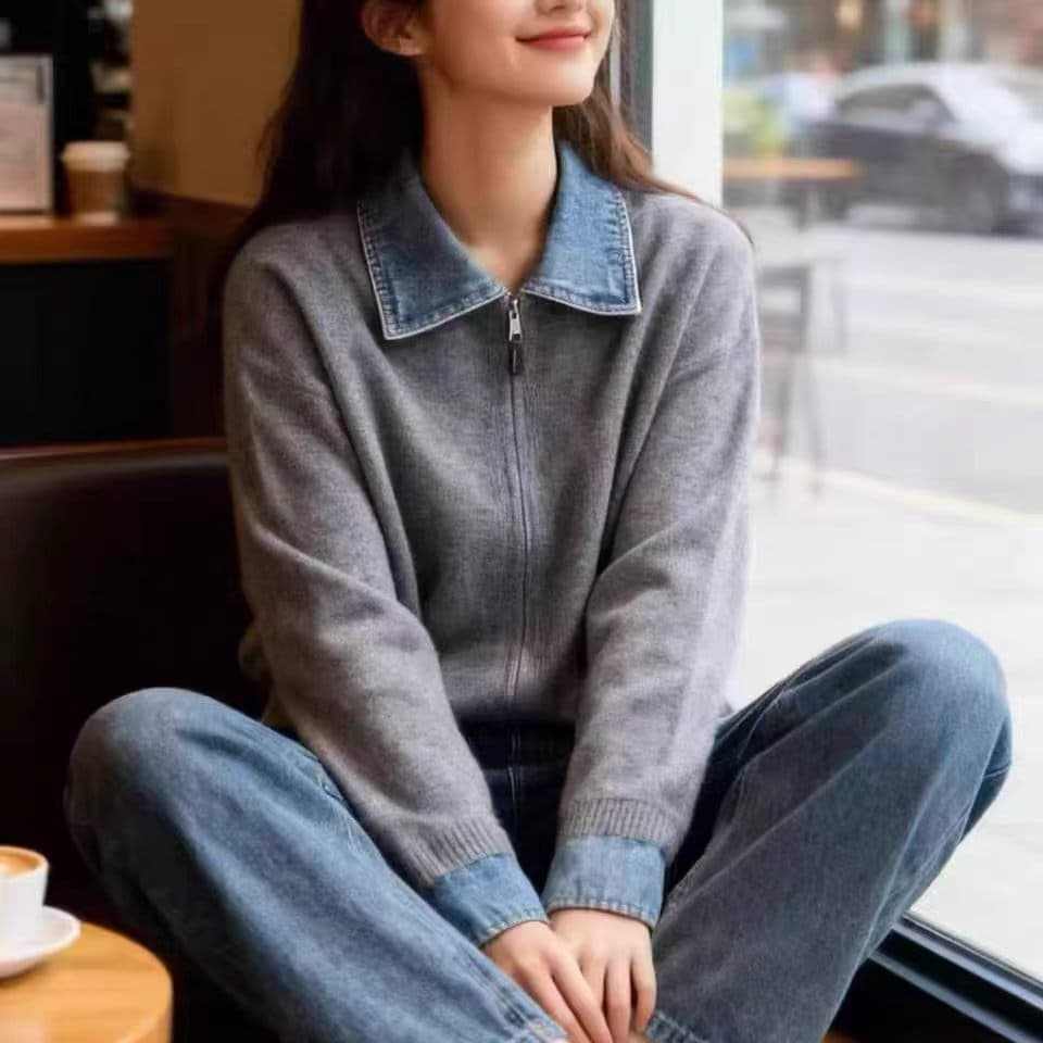 데님 패치워크 폴로 칼라 지퍼 니트 오픈 가디건 여성 2026 이른 봄 새로운 외국 가스 다용도 페이크 레이어드 스웨터 코트 이미지 4