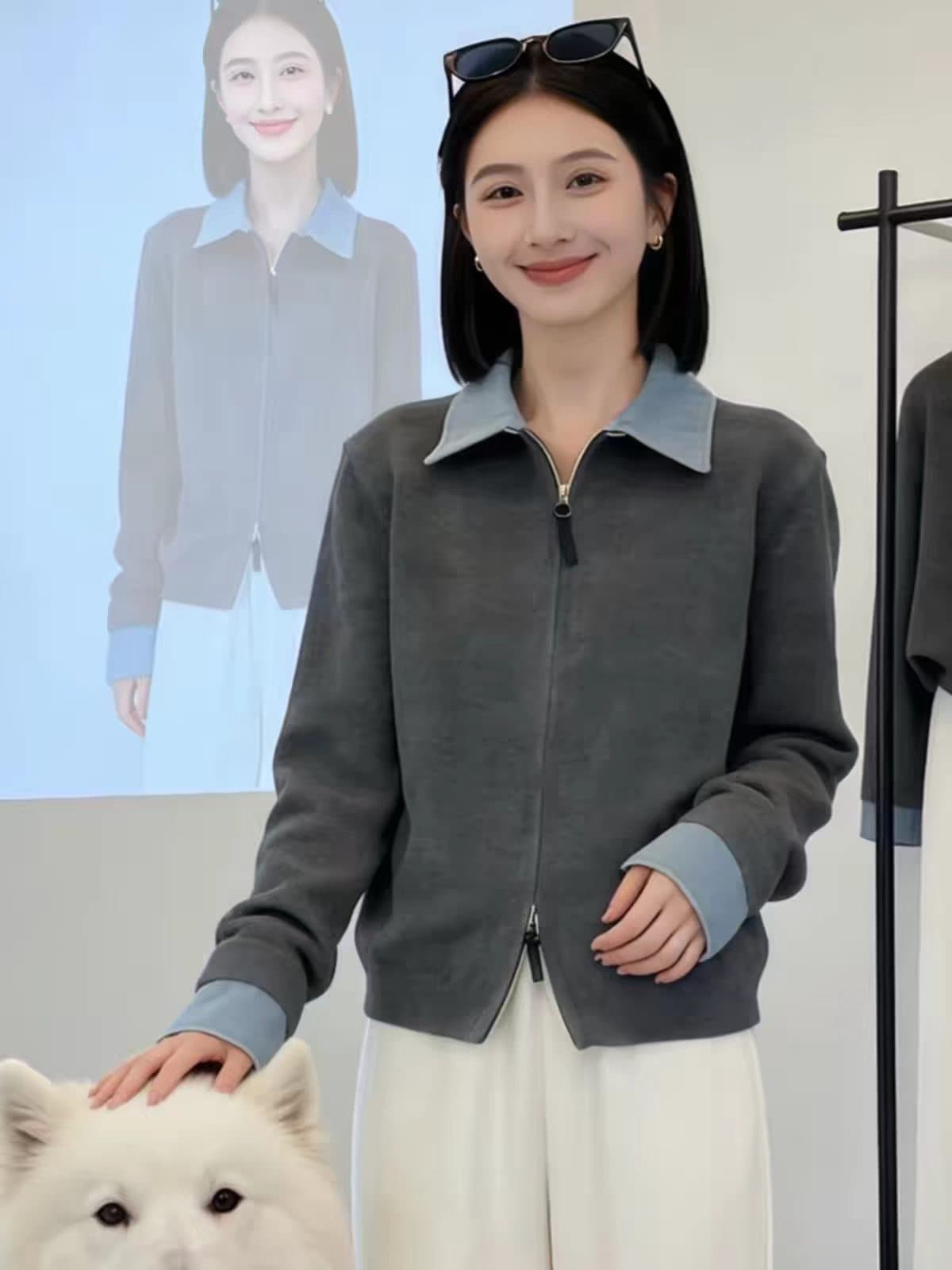 데님 패치워크 폴로 칼라 지퍼 니트 오픈 가디건 여성 2026 이른 봄 새로운 외국 가스 다용도 페이크 레이어드 스웨터 코트 상세 이미지 1
