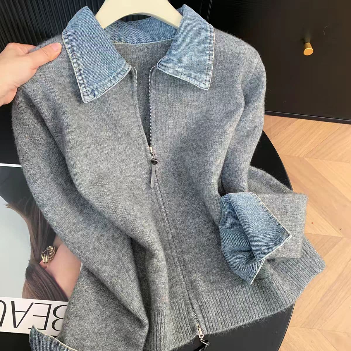 폴로 칼라 긴팔 데님 패치워크 더블 지퍼 니트 오픈 가디건 여성 가을 겨울 새로운 느긋한 바람 다용도 페이크 레이어드 스웨터 상세 이미지 7