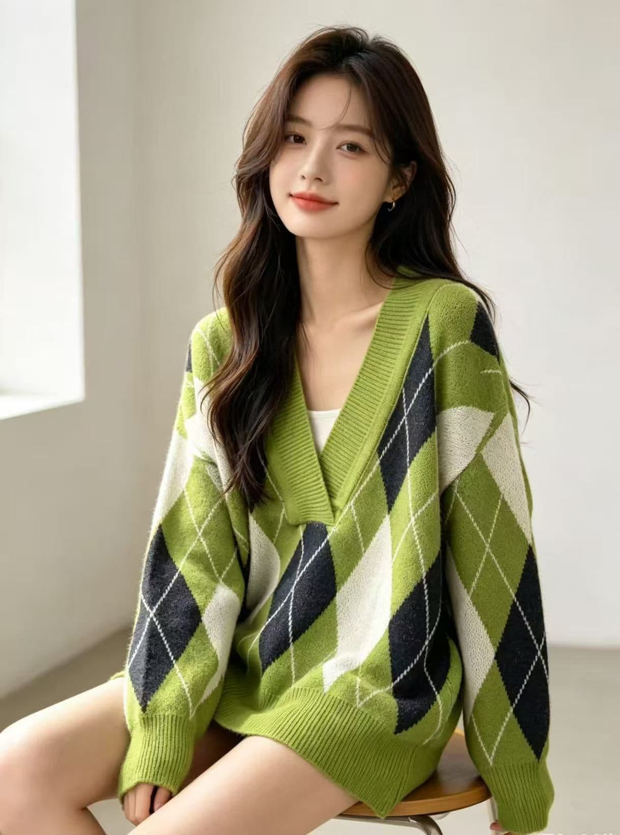 바람 링 그리드 자카드 니트 스웨터 여성 가을 스택 가져 가라. 학원 스타일 녹색 루즈핏 빅 브이 넥 스웨터 이미지 4