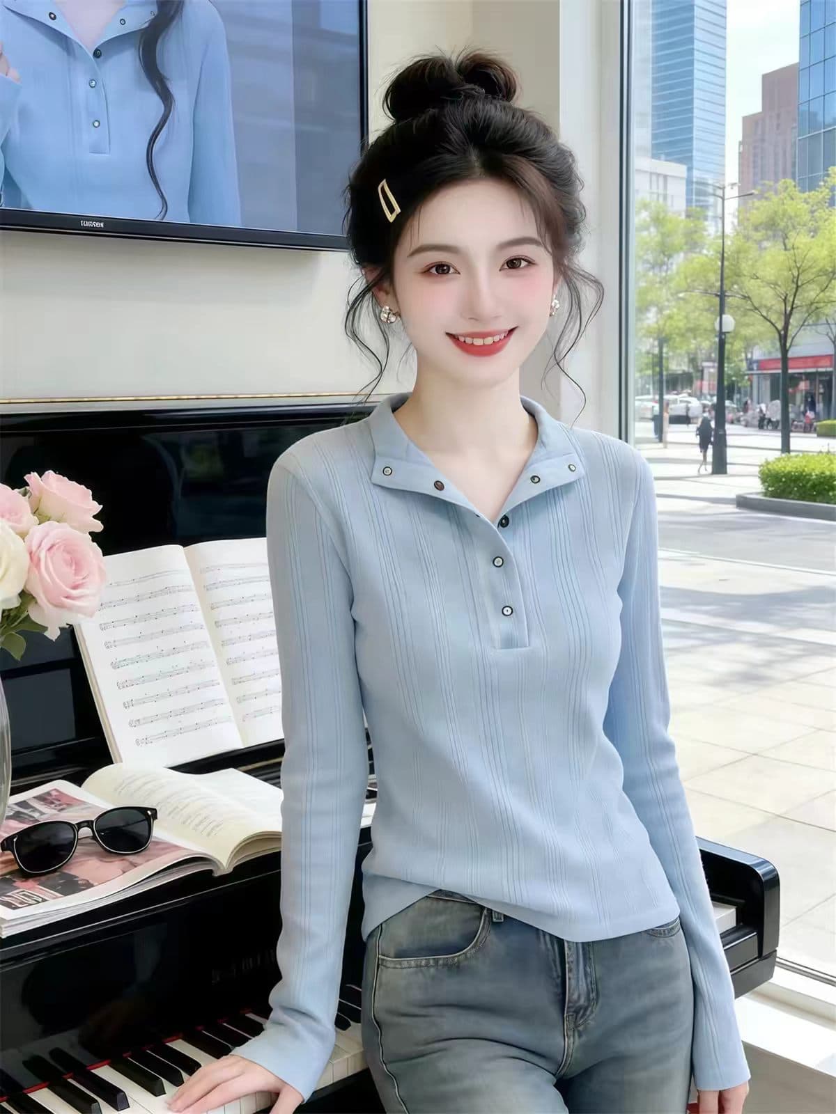 2026 조기 가을 새로운 한 부서 구덩이 기사 단추 맨위 디자인 센스 작은 대중 슬림해 보이는 다용도 긴팔 티셔츠 여자 이미지 3