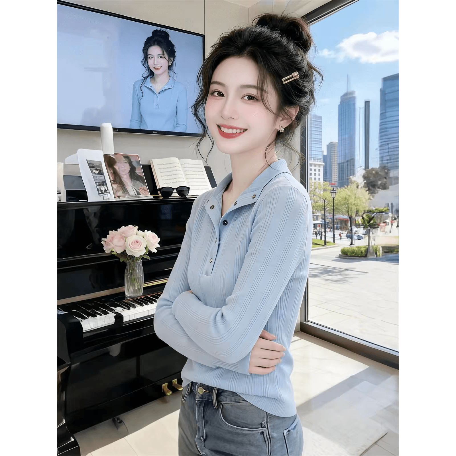 2026 조기 가을 새로운 한 부서 구덩이 기사 단추 맨위 디자인 센스 작은 대중 슬림해 보이는 다용도 긴팔 티셔츠 여자 이미지 5
