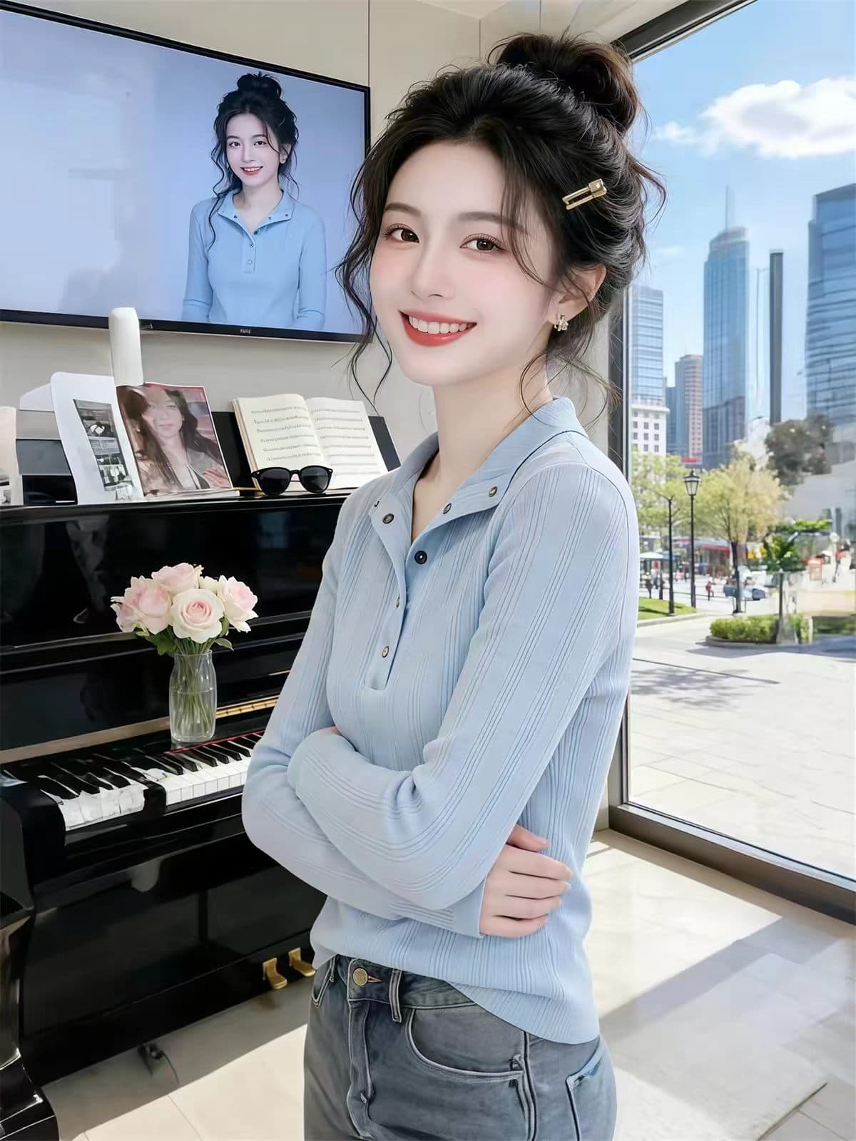 2026 조기 가을 새로운 한 부서 구덩이 기사 단추 맨위 디자인 센스 작은 대중 슬림해 보이는 다용도 긴팔 티셔츠 여자 상세 이미지 5