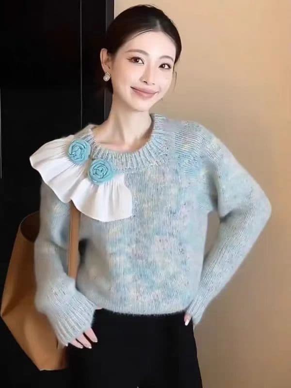 녹색 꽃 스웨터 2026 겨울 빛 럭셔리 고급 센스 그레이트 봐라. 프랑스식 고급 사소한 허리 수축 니트 스웨터 여성 상세 이미지 6
