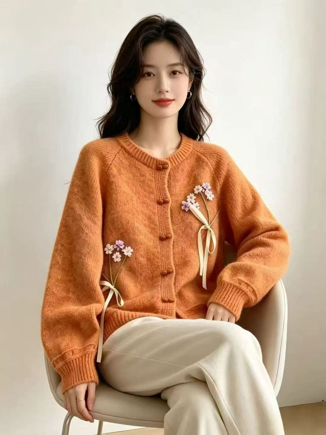 한 부서 달콤함 자수 꽃 나비 매듭 스웨터 오픈 가디건 여성 가을 겨울 루즈핏 느긋한 부드러운 찹쌀 다용도 니트 재킷