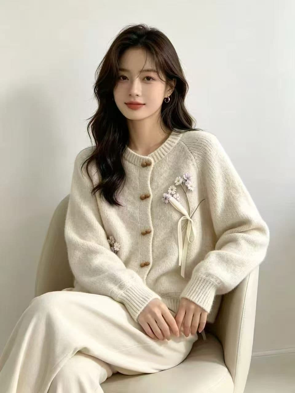 한 부서 달콤함 자수 꽃 나비 매듭 스웨터 오픈 가디건 여성 가을 겨울 루즈핏 느긋한 부드러운 찹쌀 다용도 니트 재킷 상세 이미지 2