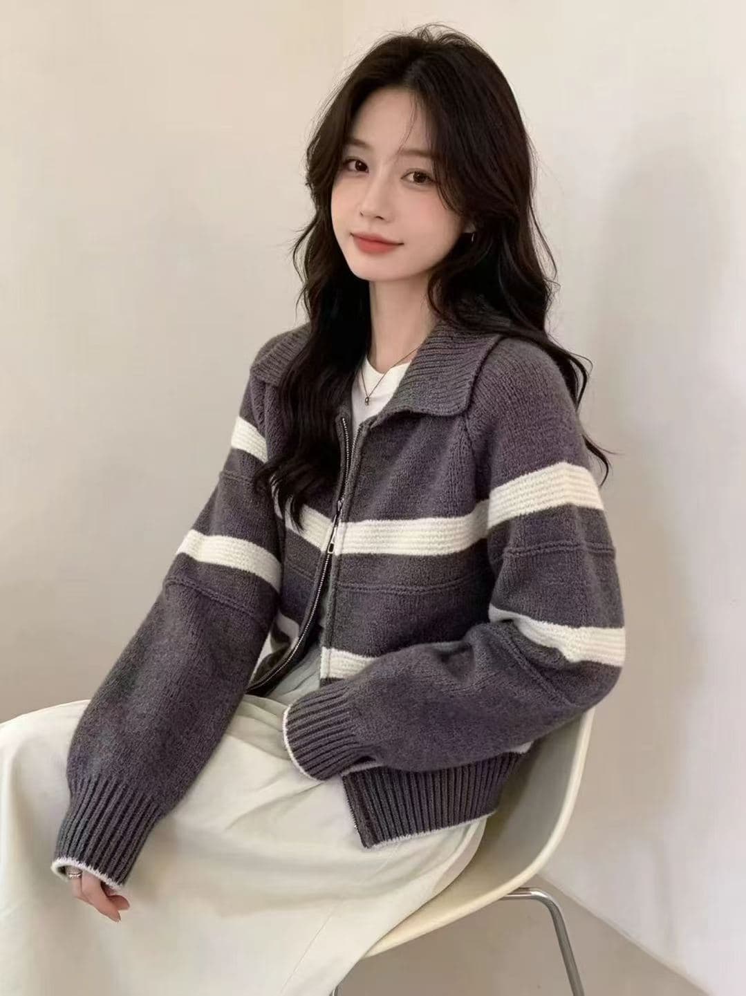 배색 스트라이프 터틀넥 양모 니트 오픈 가디건 여성 유럽 역 2026 겨울 의류 새로운 유럽 상품 여성 의류 기본 셔츠 트렌디 상세 이미지 2