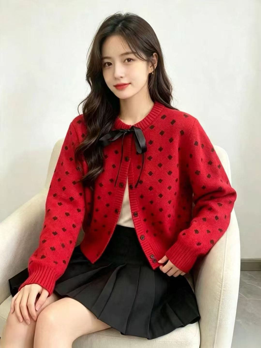 빨간색 도트 무늬 스웨터 여성 코트 2026 새로운 올해 인기 아름다운 겨울 빅 사이즈 지방 mm 니트 오픈 가디건 맨위 이미지 3