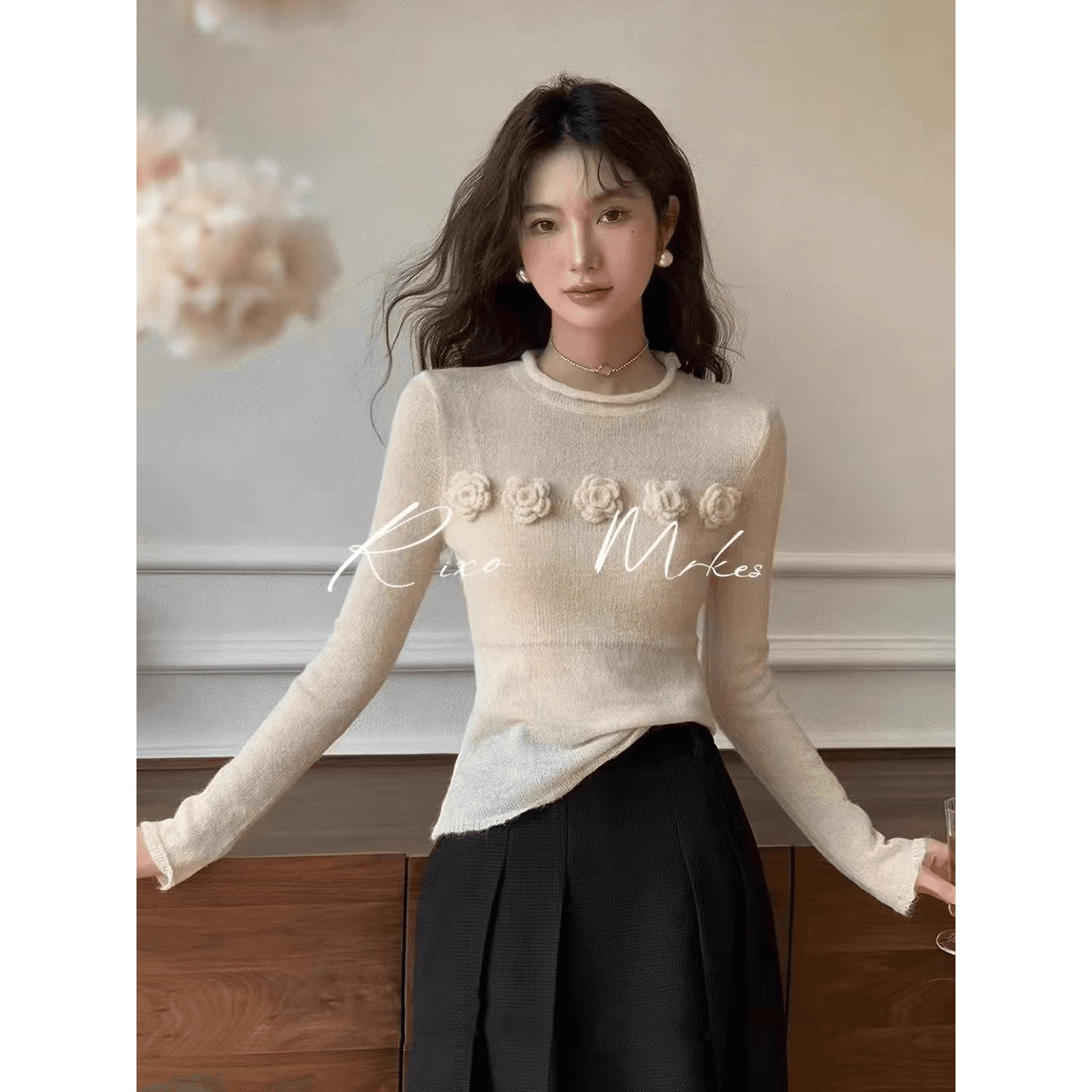 가을 겨울 프랑스식 3 차원 꽃 긴팔 인사이드 가져 가라. 니트 스웨터 여성 Chic 절묘한 센스 스웨터 이미지 5