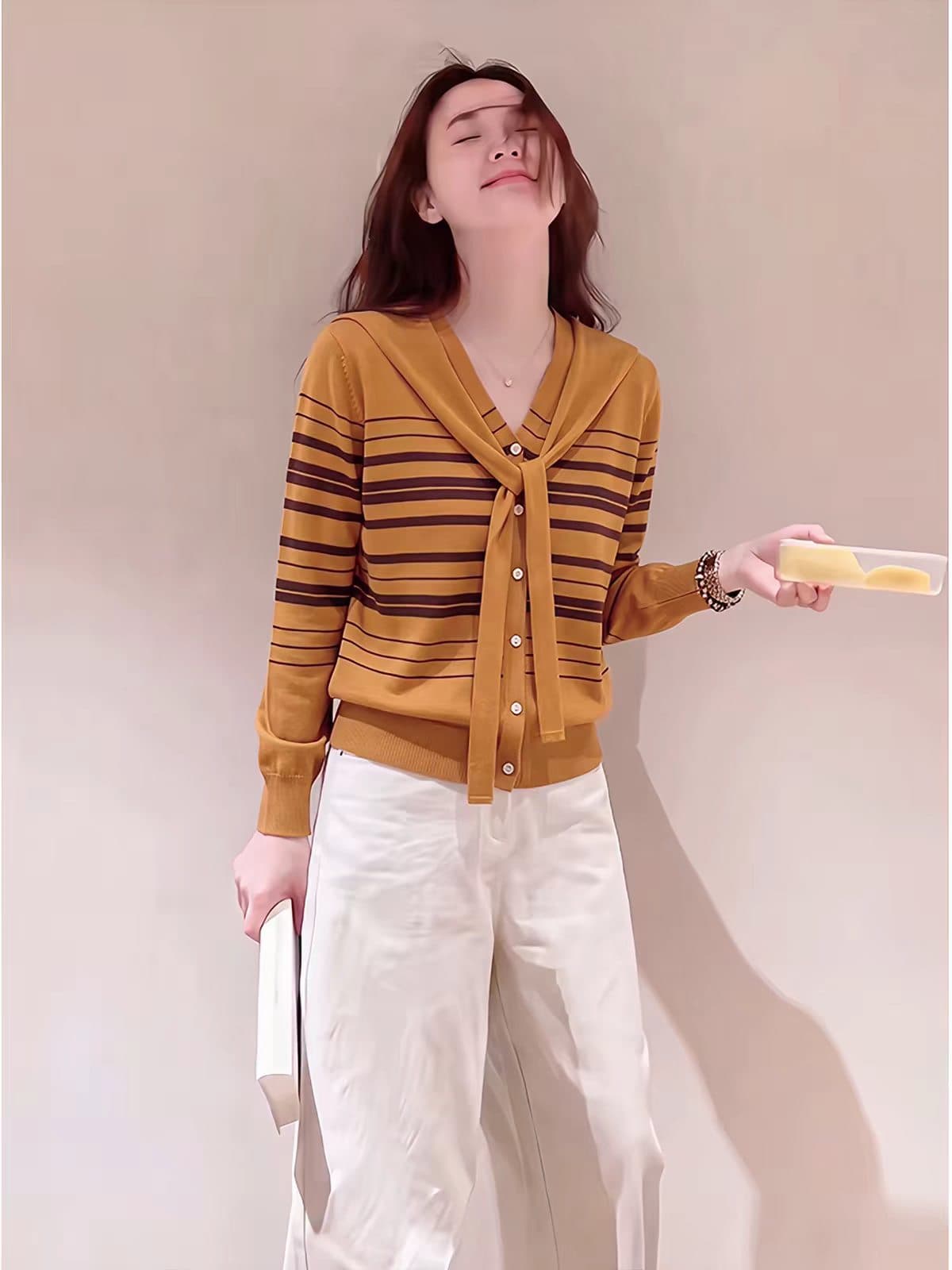 이른 가을 여성 의류 작은 키 소금 부서 연령 감소 그레이트 통해보기 가져 가라. 디자인 센스 주황색 니트 맨위 상세 이미지 1