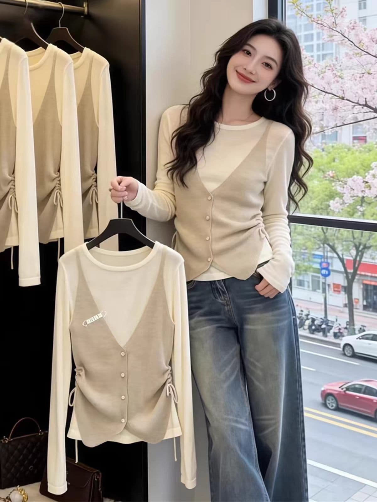이른 가을 레트로 배색 페이크 레이어드 니트 기본 셔츠 여성 디자인 센스 펌프 로프 허리 수축 슬림해 보이는 긴팔 아름다운 맨위
