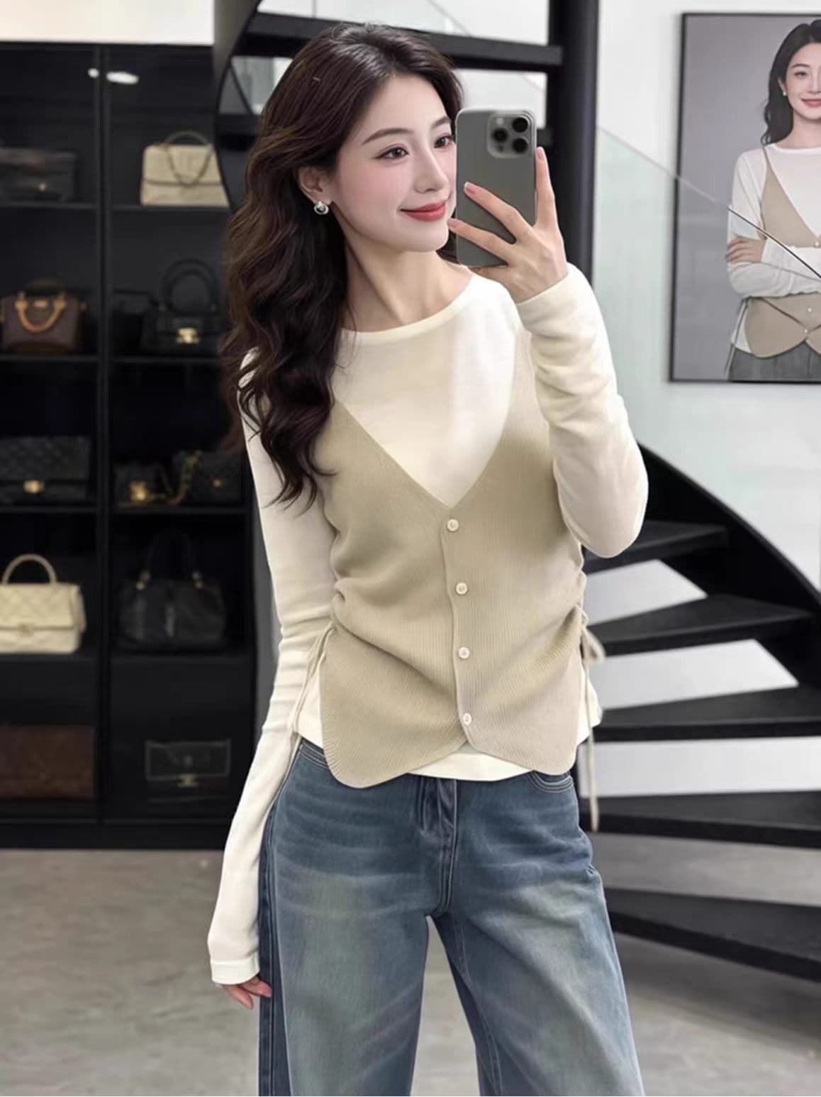 이른 가을 레트로 배색 페이크 레이어드 니트 기본 셔츠 여성 디자인 센스 펌프 로프 허리 수축 슬림해 보이는 긴팔 아름다운 맨위 이미지 4