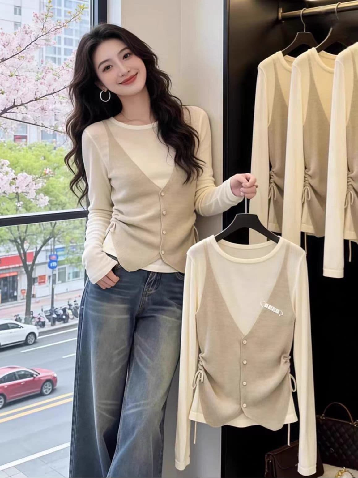 이른 가을 레트로 배색 페이크 레이어드 니트 기본 셔츠 여성 디자인 센스 펌프 로프 허리 수축 슬림해 보이는 긴팔 아름다운 맨위 상세 이미지 9