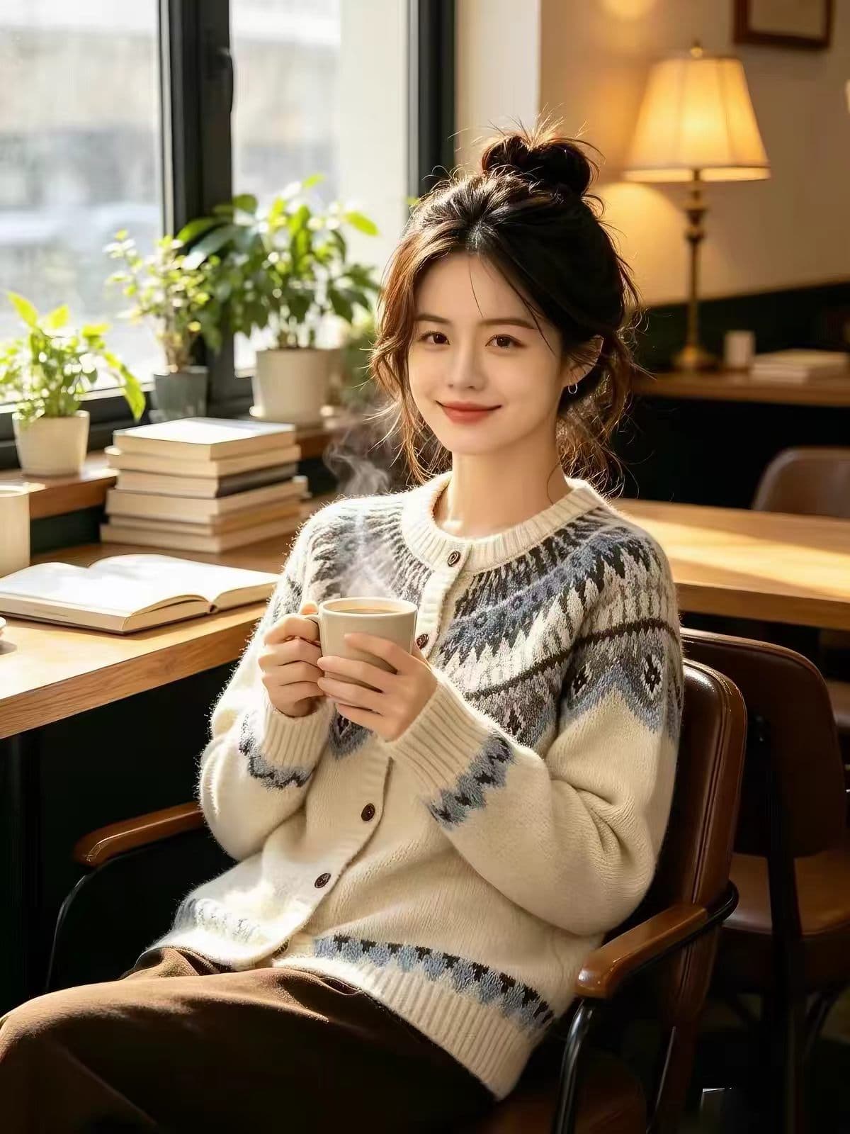 한 부서 고급 센스 레트로 자카드 라운드 넥 니트 오픈 가디건 여성 가을 겨울 싱글 줄 버튼 루즈핏 공정한 섬 스웨터 코트 이미지 2