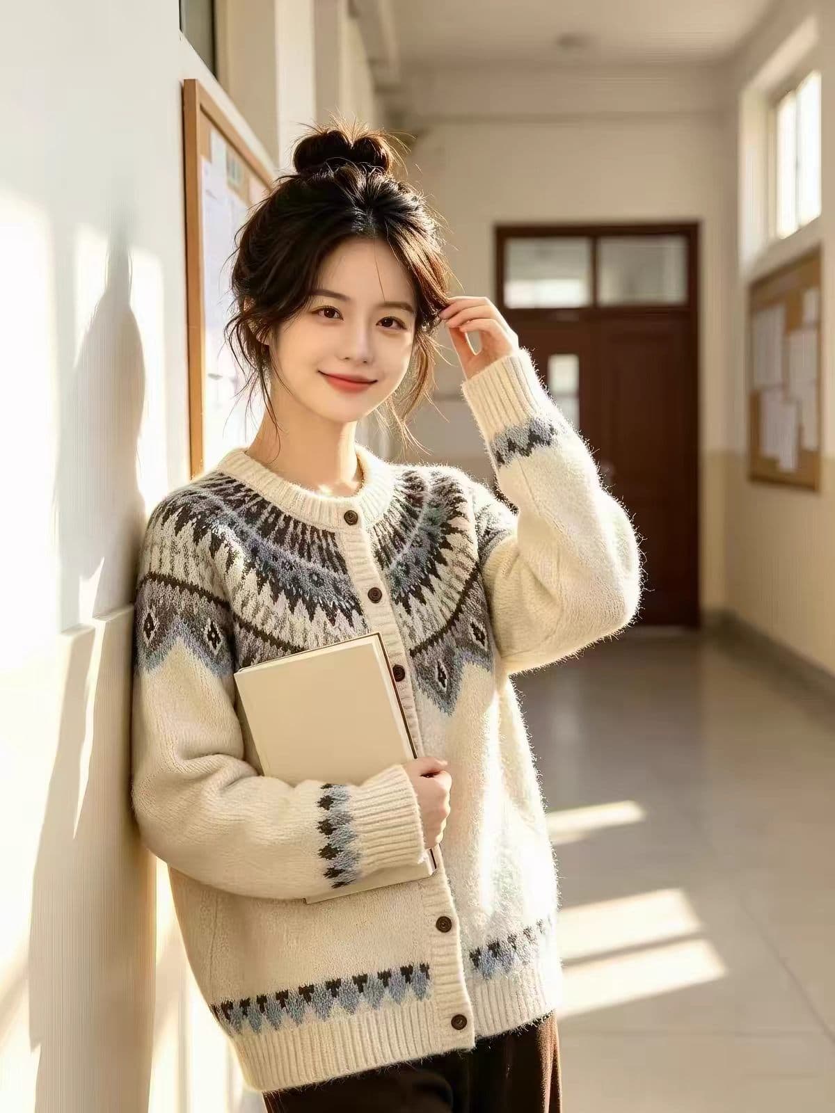 한 부서 고급 센스 레트로 자카드 라운드 넥 니트 오픈 가디건 여성 가을 겨울 싱글 줄 버튼 루즈핏 공정한 섬 스웨터 코트 상세 이미지 1
