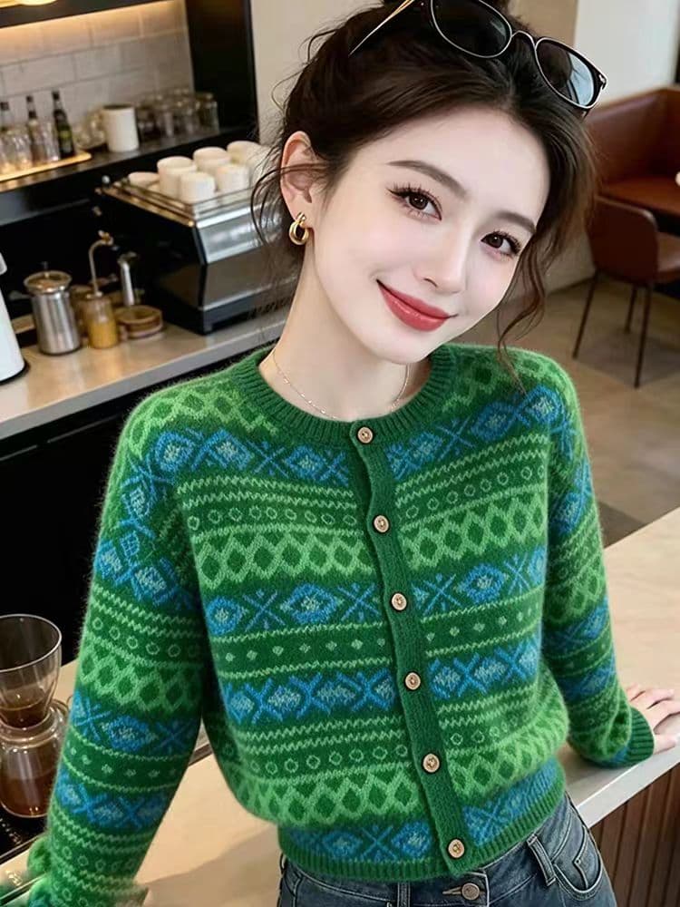 공정한 섬 바람 녹색 자카드 레트로 니트 오픈 가디건 여성 2026 가을 겨울 새로운 느긋한 바람 루즈핏 슬림해 보이는 맨위 이미지 4