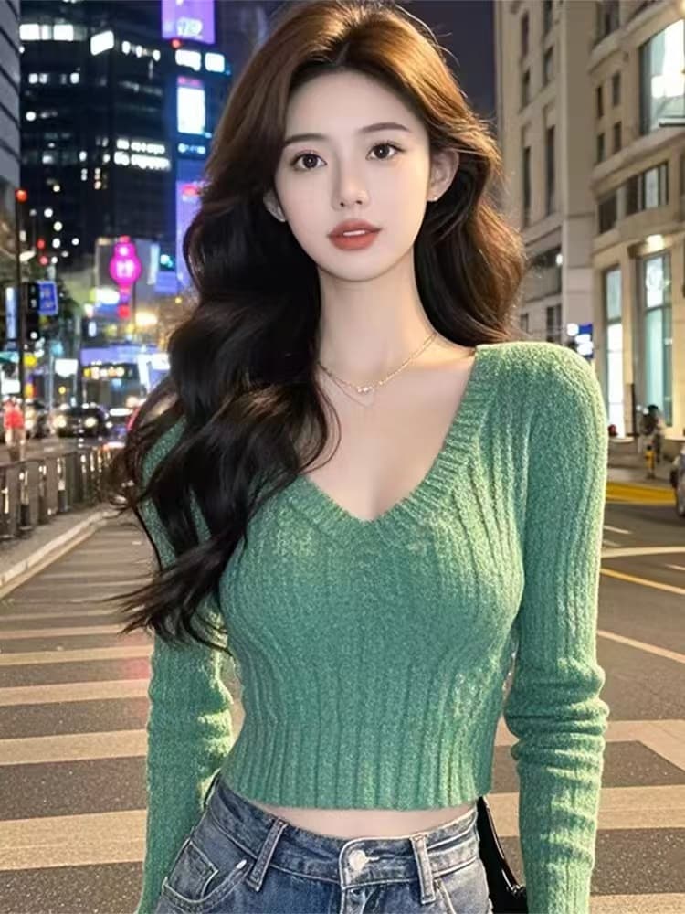 긴팔 V넥 니트 스웨터 2026 새로운 여성 가을 디자인 센스 품격 부드러운 미니멀리즘 몸매 가꾸기 다용도 쇼트 스타일 맨위