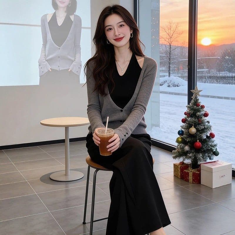 프랑스식 페이크 레이어드 V넥 행침 목 니트 스웨터 여성 봄 가을 패션 마이크로 지방 mm 슬림해 보이는 연령 감소 다용도 스웨터 맨위 상세 이미지 2
