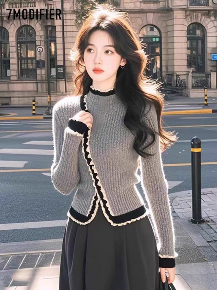 작은 샤넬 스타일 회색 니트 맨위 품격 다용도 스웨터 디스플레이 화이트 연령 감소 작은 대중 비스듬한 문 襟 맨위 가을 겨울 새로운 이미지 3