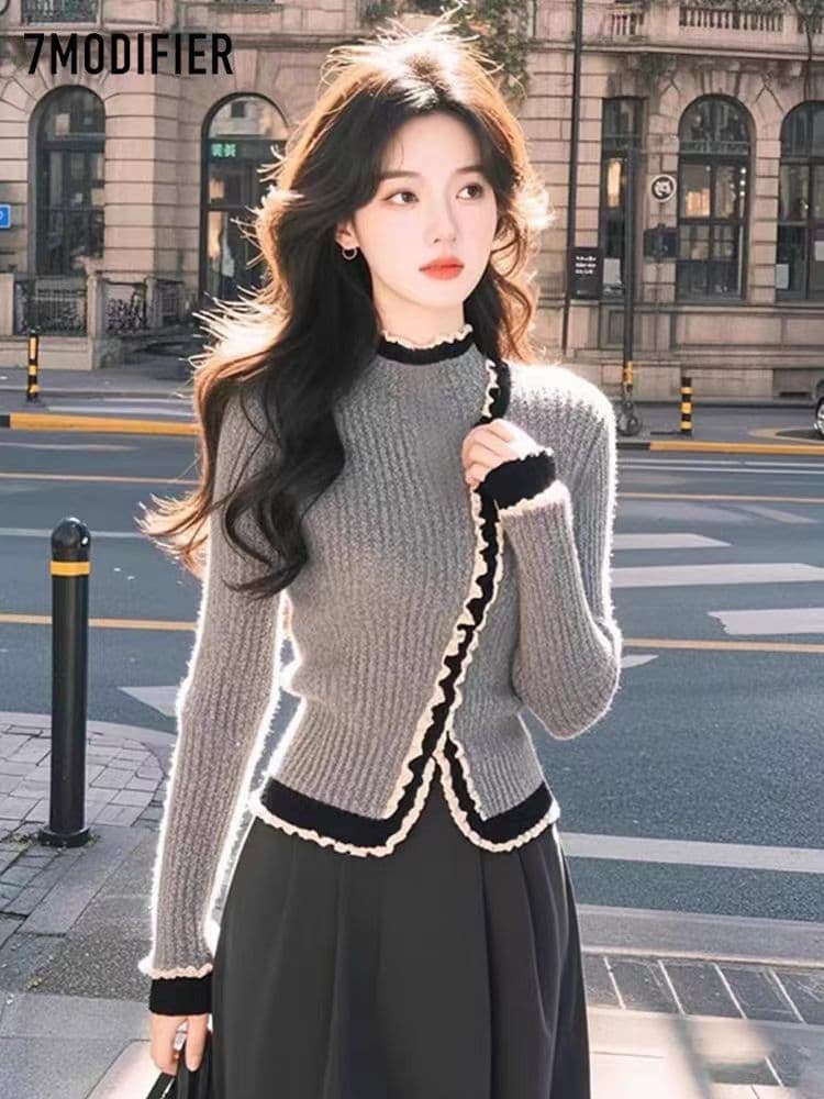 작은 샤넬 스타일 회색 니트 맨위 품격 다용도 스웨터 디스플레이 화이트 연령 감소 작은 대중 비스듬한 문 襟 맨위 가을 겨울 새로운 상세 이미지 1
