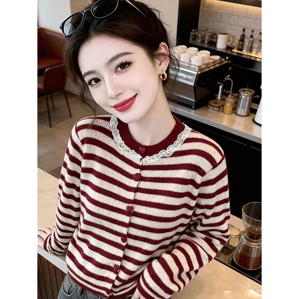프랑스식 빛 럭셔리 레이스 레이스 칼라 스트라이프 니트 오픈 가디건 여성 2026 가을 겨울 새로운 연령 감소 루즈핏 다용도 맨위 이미지 4