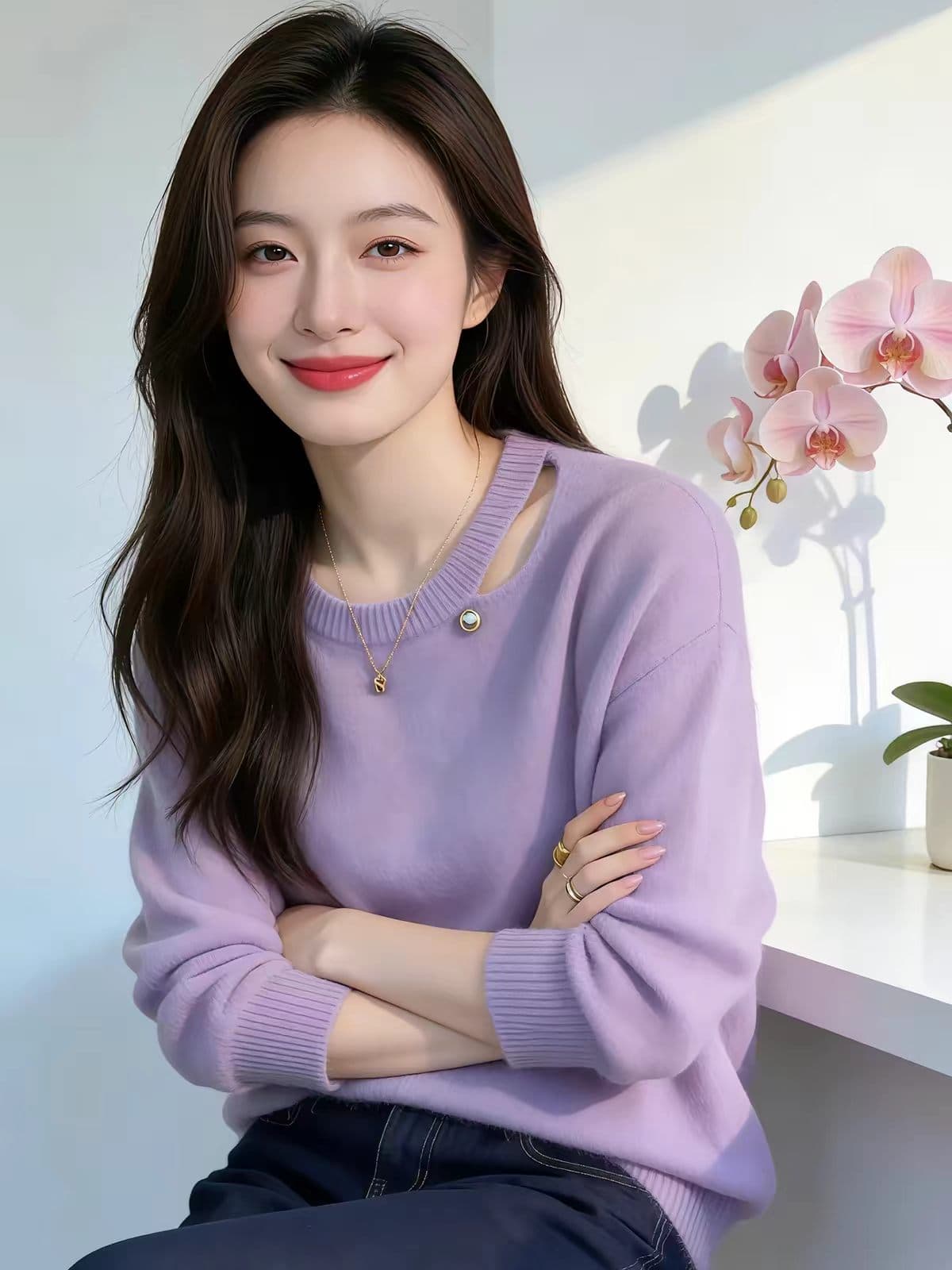 부드러운 느긋한 보라색 홀로우 아웃 부드러운 찹쌀 니트 스웨터 스웨터 여자 2026 조기 가을 자이언트 잘 생긴 한 부서 아름다운 맨위 상세 이미지 2