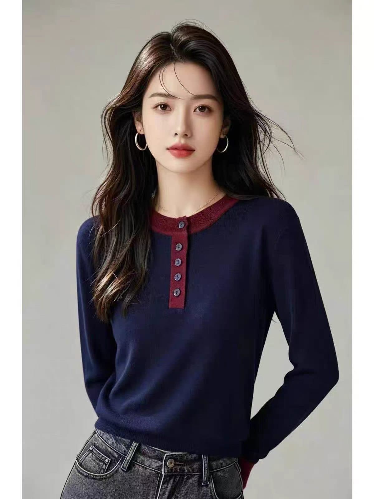 가을 겨울 새로운 미니멀리즘 배색 라운드 넥 단추 니트 스웨터 여성 의류 긴팔 페이크 레이어드 슬림해 보이는 다용도 스웨터 맨위 이미지 3