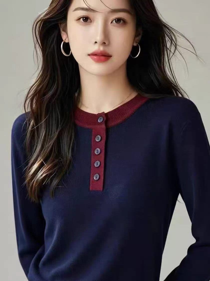 가을 겨울 새로운 미니멀리즘 배색 라운드 넥 단추 니트 스웨터 여성 의류 긴팔 페이크 레이어드 슬림해 보이는 다용도 스웨터 맨위 이미지 4