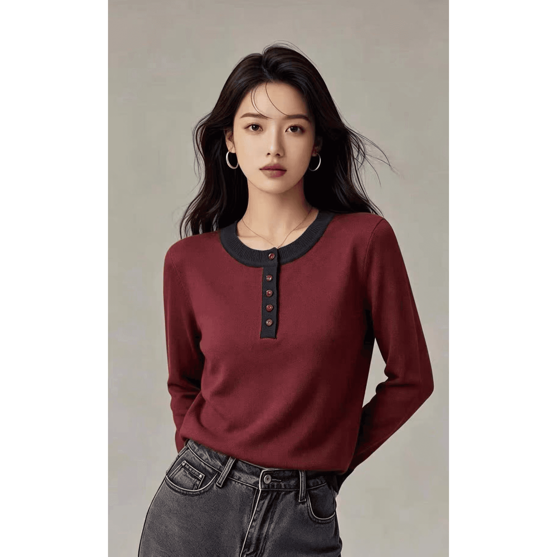 가을 겨울 새로운 미니멀리즘 배색 라운드 넥 단추 니트 스웨터 여성 의류 긴팔 페이크 레이어드 슬림해 보이는 다용도 스웨터 맨위 이미지 5
