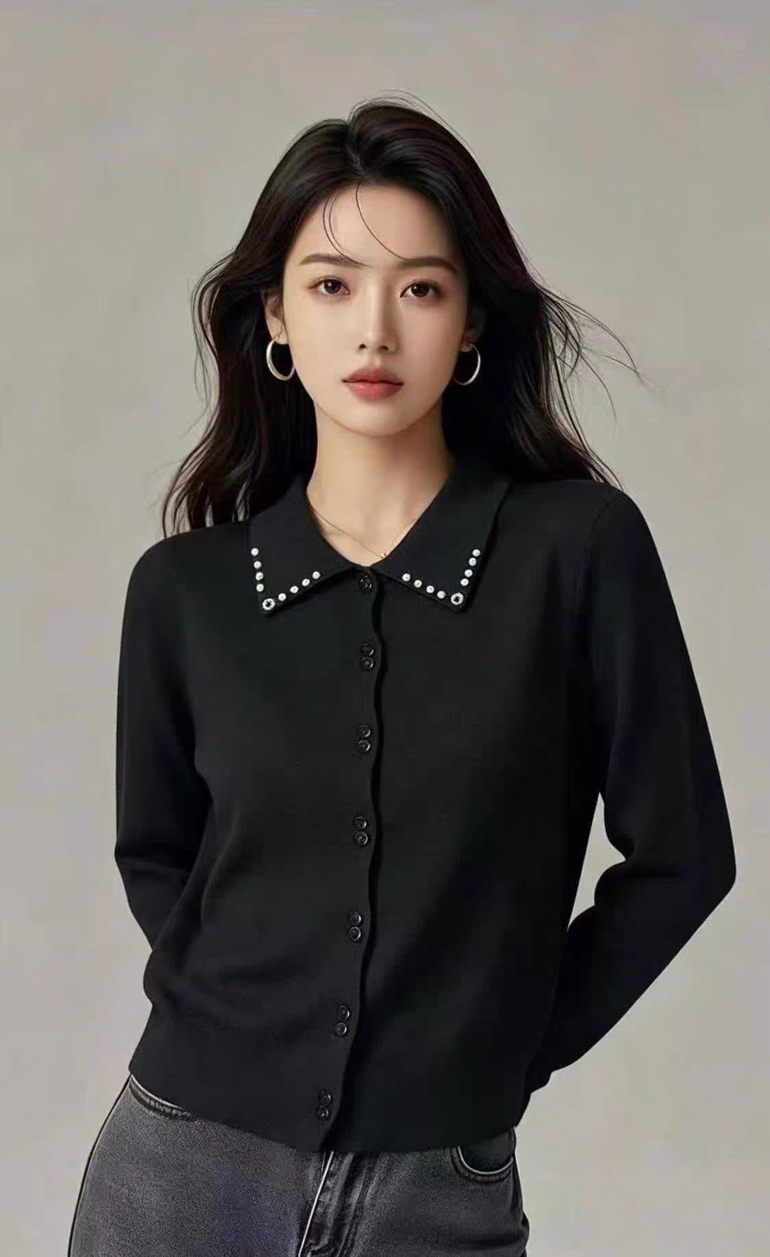 가을 겨울 새로운 익스트림 제인 바람 진주 장식 폴로 칼라 니트 스웨터 여성 검정색 싱글 줄 버튼 몸매 가꾸기 슬림해 보이는 다용도 맨위 상세 이미지 3