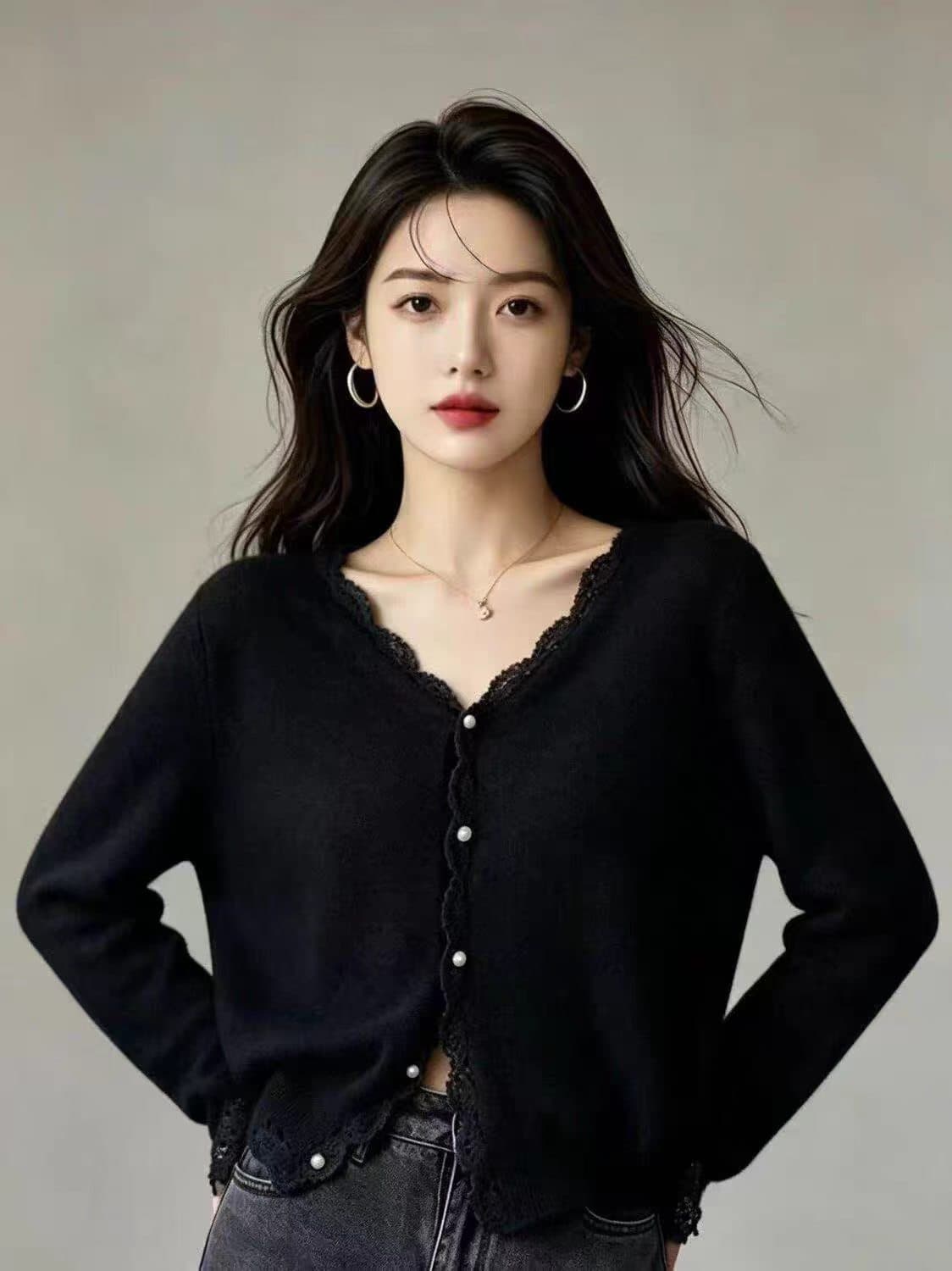 가을 겨울 새로운 고급 센스 숙녀 프릴 니트 스웨터 오픈 가디건 여성 회색 단추 슬림해 보이는 품격 스웨터 맨위 상세 이미지 5