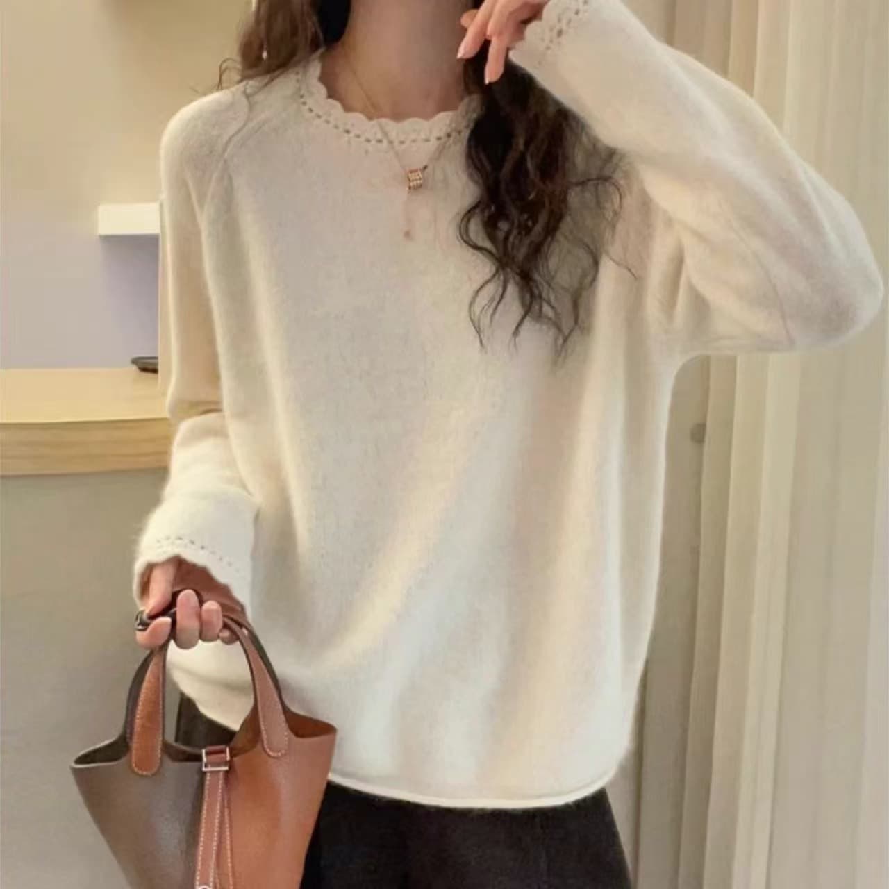 느긋한 바람 라운드 넥 양모 스웨터 여성 가을 겨울 레이스 레이스 루즈핏 슬림해 보이는 다용도 니트 스웨터 패션 만나는 맨위 이미지 4