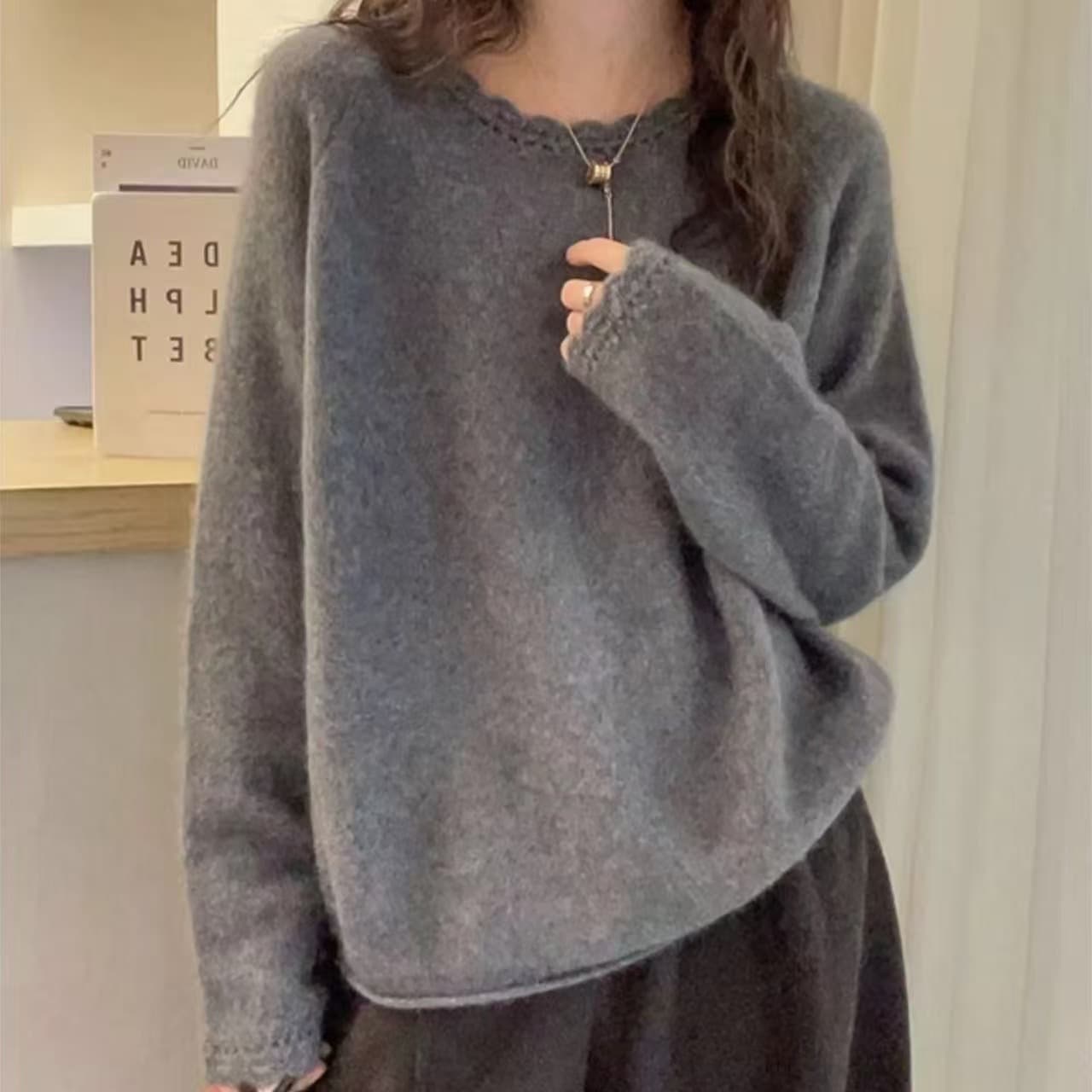 느긋한 바람 라운드 넥 양모 스웨터 여성 가을 겨울 레이스 레이스 루즈핏 슬림해 보이는 다용도 니트 스웨터 패션 만나는 맨위 이미지 5