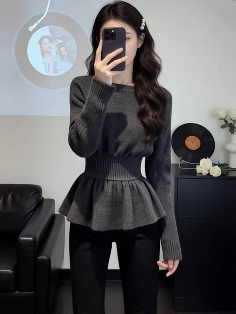 프랑스식 허리 수축 만나는 스웨터 여자 가을 겨울 빅 사이즈 지방 mm 슬림해 보이는 표지 고기 디자인 센스 프릴 니트 스웨터 맨위 상세 이미지 1