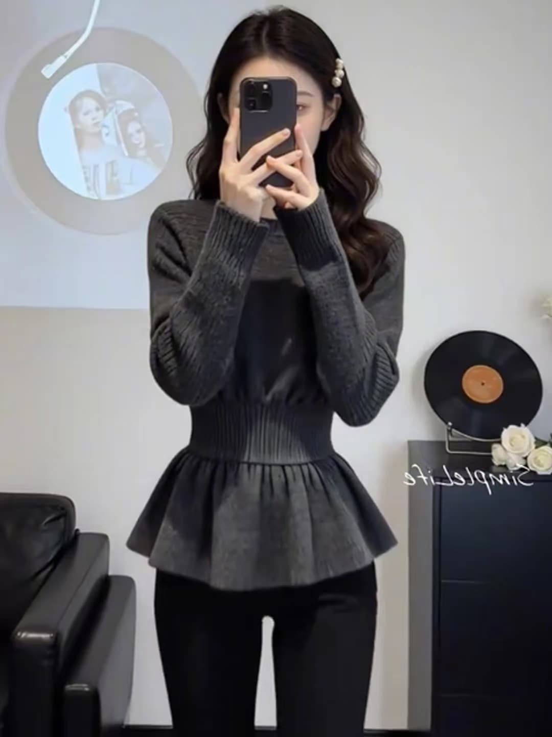 프랑스식 허리 수축 만나는 스웨터 여자 가을 겨울 빅 사이즈 지방 mm 슬림해 보이는 표지 고기 디자인 센스 프릴 니트 스웨터 맨위 상세 이미지 2