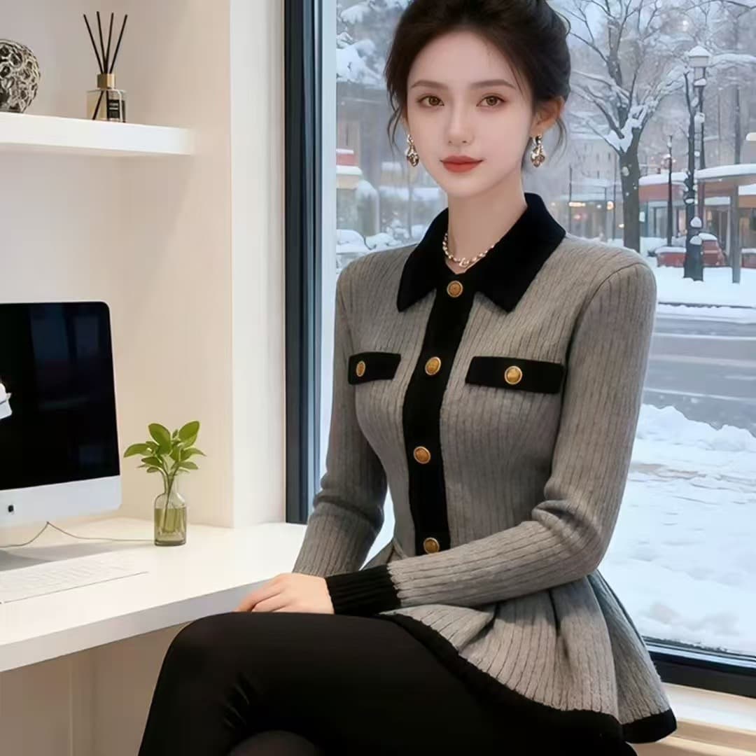 회색 패치워크 스웨터 여자 가을 겨울철 그레이트 과소 평가 요리 한 품격 작은 대중 아니요 명중 섹션 꼬집기 허리 배색 니트 재킷 상세 이미지 4