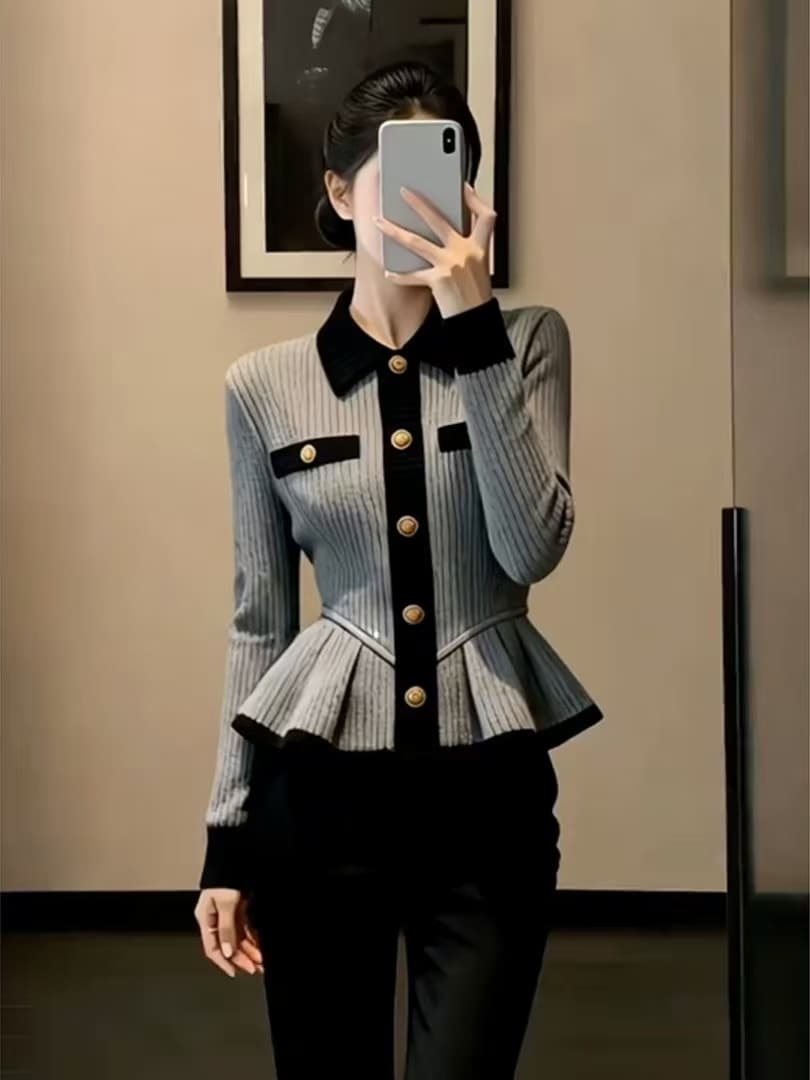 회색 패치워크 스웨터 여자 가을 겨울철 그레이트 과소 평가 요리 한 품격 작은 대중 아니요 명중 섹션 꼬집기 허리 배색 니트 재킷 상세 이미지 5
