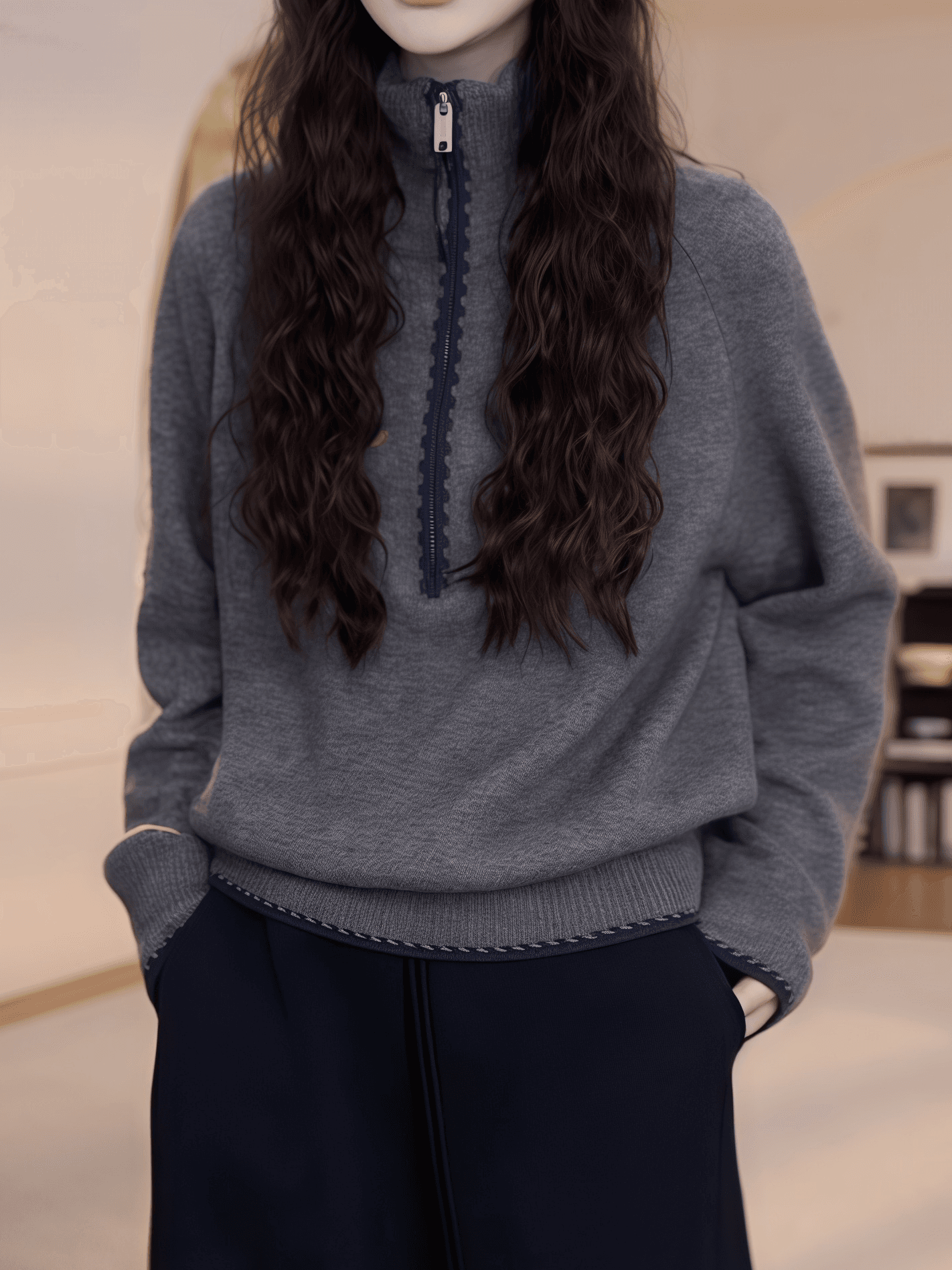 한 부서 하프 지퍼 스탠드 칼라 풀오버 두꺼운 보온 스웨터 2026 겨울 새로운 루즈핏 다용도 긴팔 니트 스웨터 이미지 3