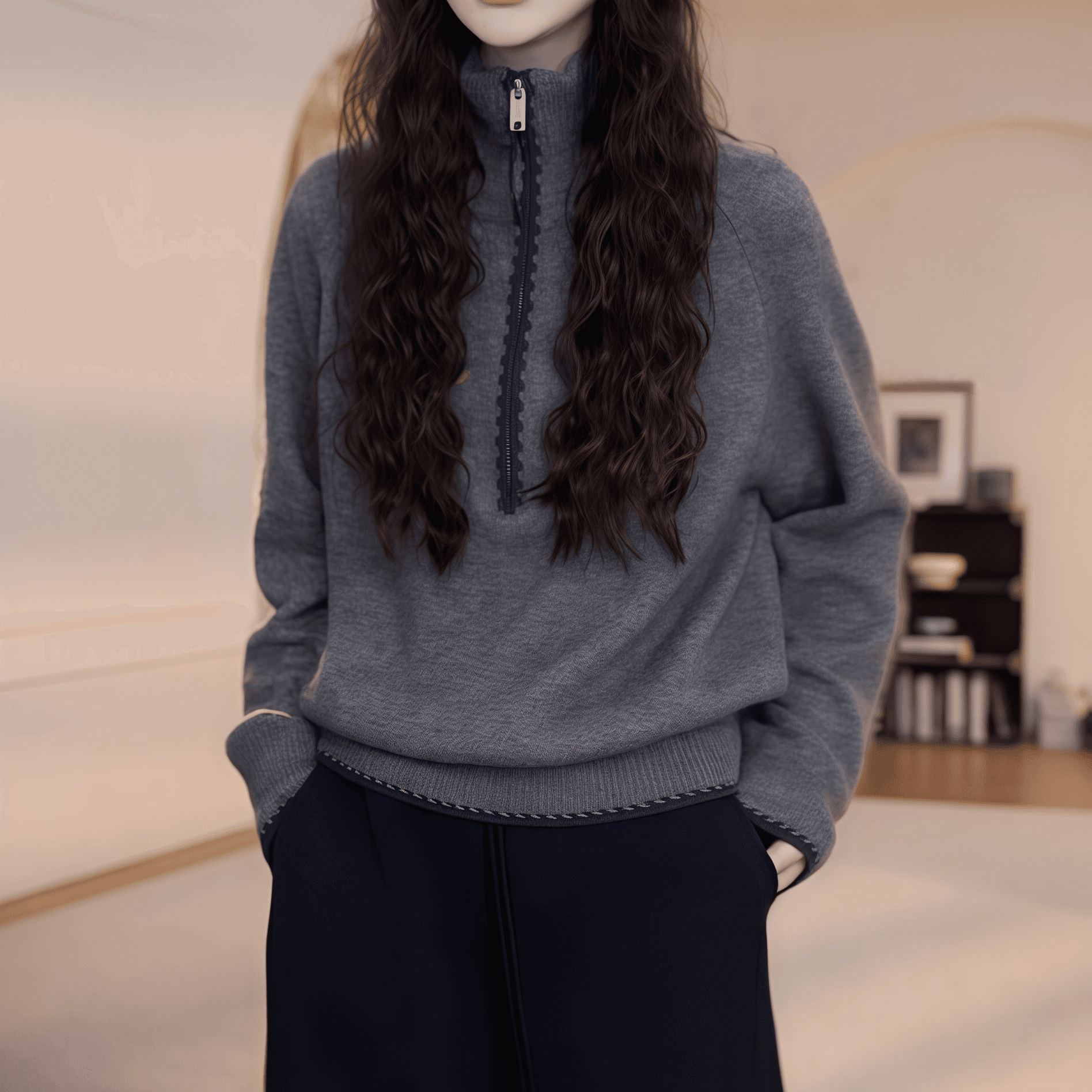 한 부서 하프 지퍼 스탠드 칼라 풀오버 두꺼운 보온 스웨터 2026 겨울 새로운 루즈핏 다용도 긴팔 니트 스웨터 상세 이미지 3