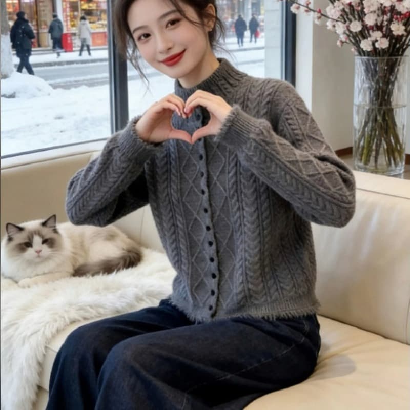 회색 꽈배기 니트 오픈 가디건 여성 2026 가을 새로운 유럽 상품 느긋한 바람 루즈핏 슬림해 보이는 패션 외국 가스 맨위 이미지 3