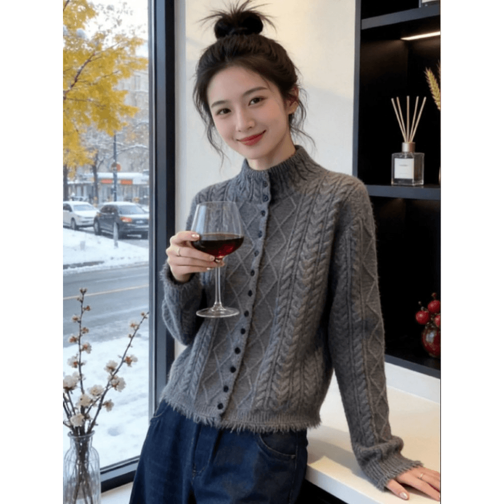 회색 꽈배기 니트 오픈 가디건 여성 2026 가을 새로운 유럽 상품 느긋한 바람 루즈핏 슬림해 보이는 패션 외국 가스 맨위 이미지 5