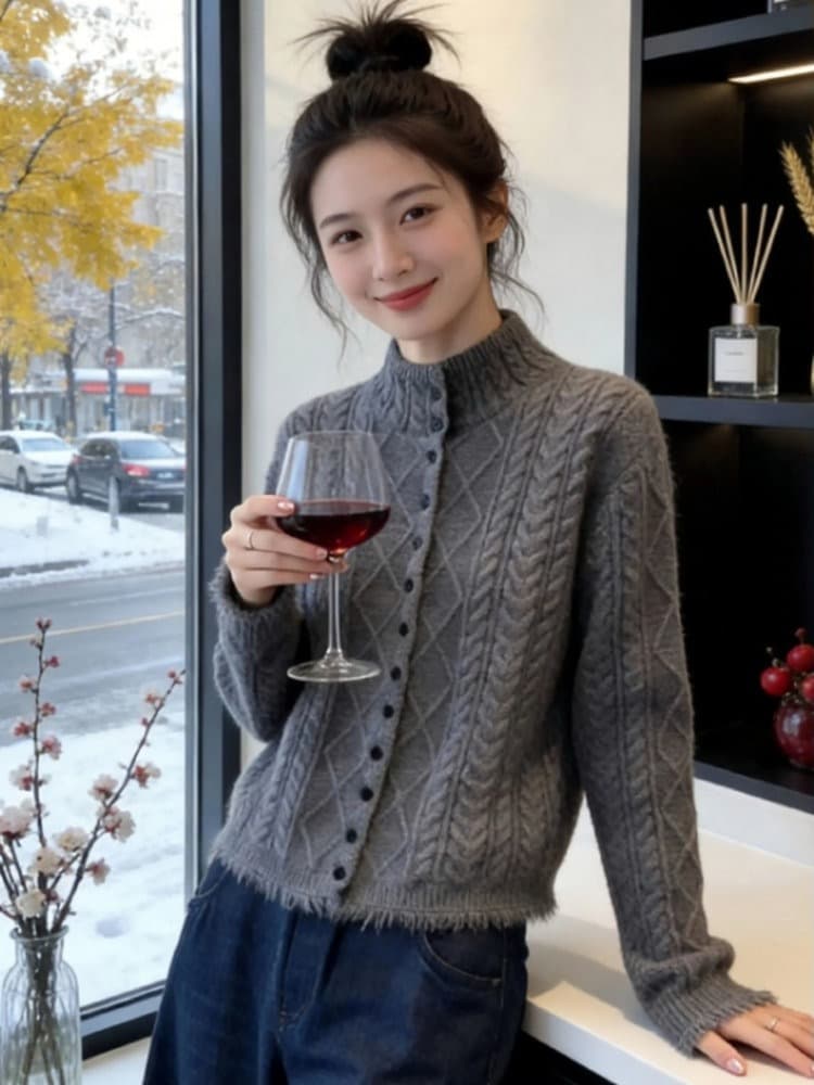 회색 꽈배기 니트 오픈 가디건 여성 2026 가을 새로운 유럽 상품 느긋한 바람 루즈핏 슬림해 보이는 패션 외국 가스 맨위 상세 이미지 5