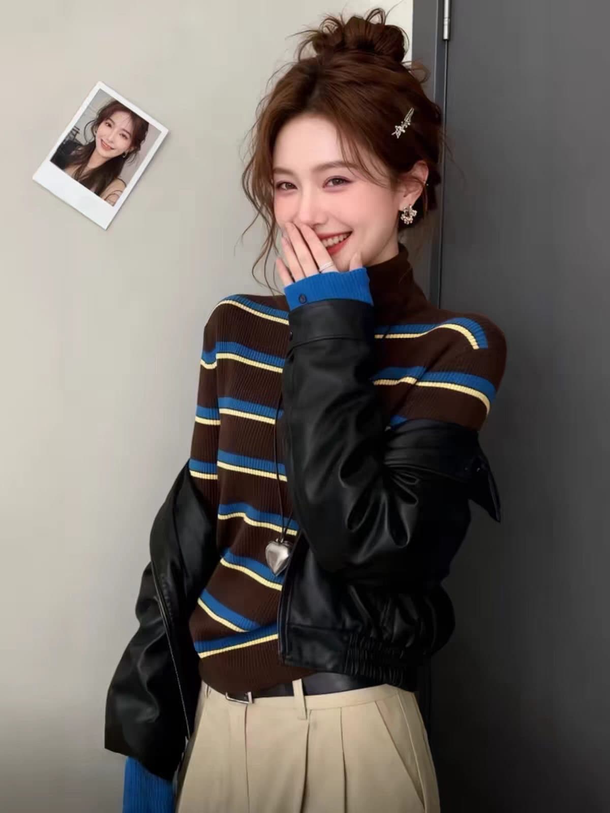 자이언트 잘 생긴 ~ 중 이른 가을 스트라이프 기본 셔츠 여성 인사이드 가져 가라. 고급 사소한 스웨터 반하이넥 긴팔 니트 스웨터 맨위